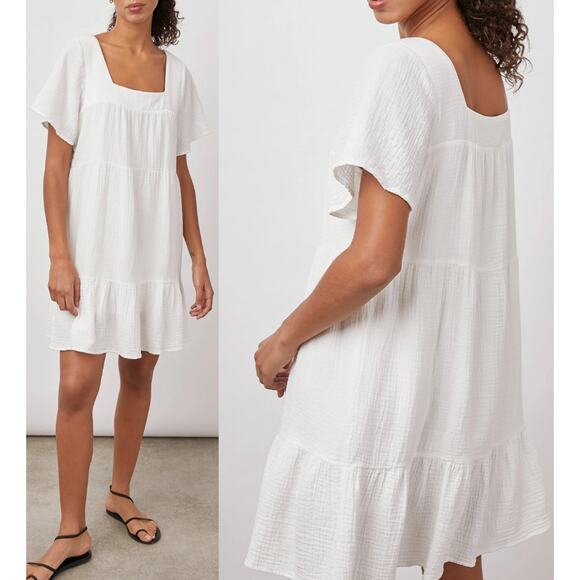Rails Dresses & Skirts - Rails Valentina Dress M White Cotton Gauze Tiered Mini Lined Square Neck Boho